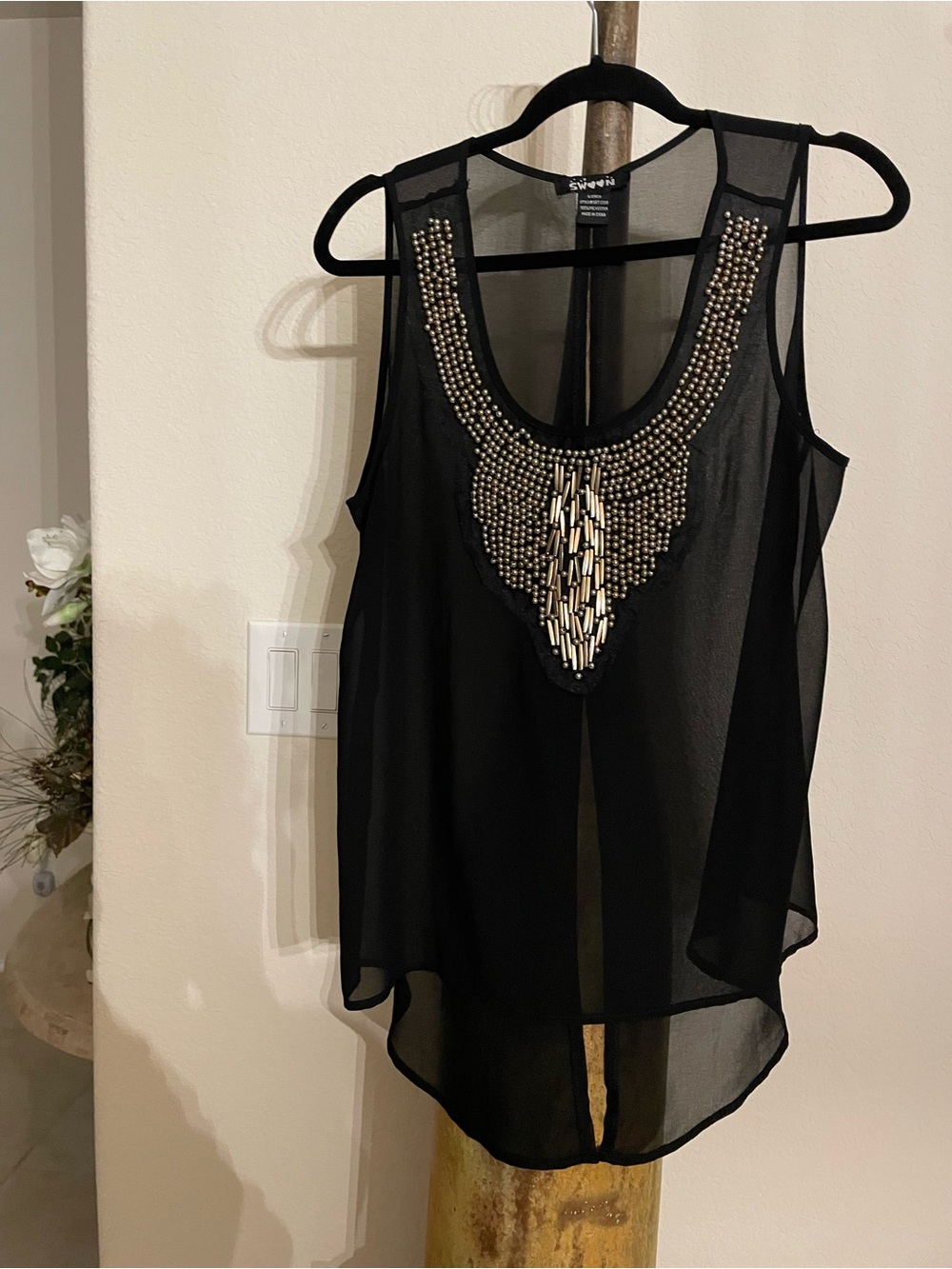 🌻 Black sheer sexy top by Swoon! She’s a Small boutique embellished flowy Top